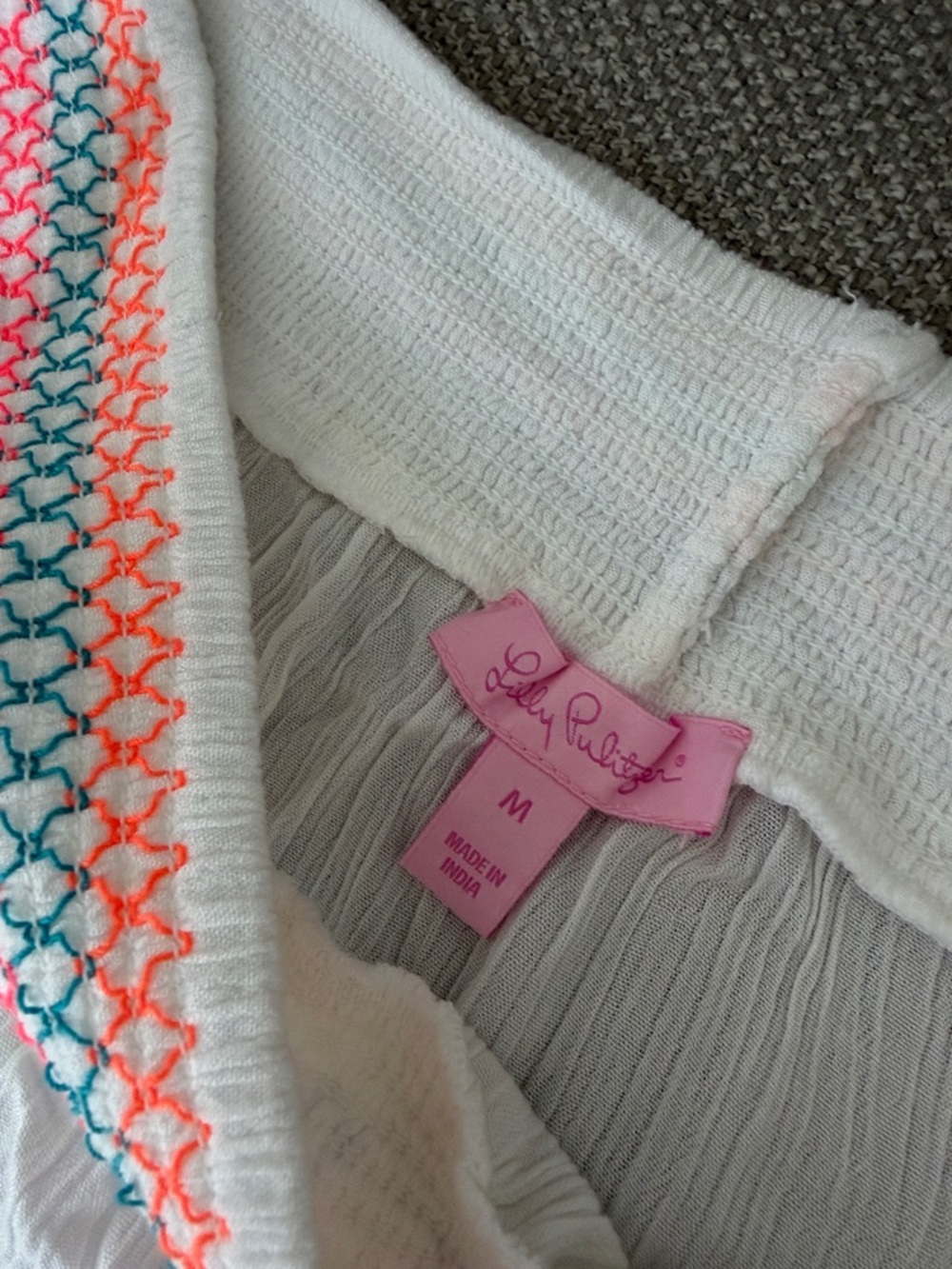 Lilly Pulitzer White Off-Shoulder Top with Pink, Yellow & Blue Trim - Picture 2 of 4